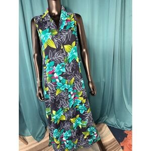 White Stag Floral Maxi Dress Sleeveless Button Front Dark Navy Size L